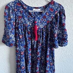 Go Softly Patio Blue Floral Rayon Tassel Muumuu Dress Size S